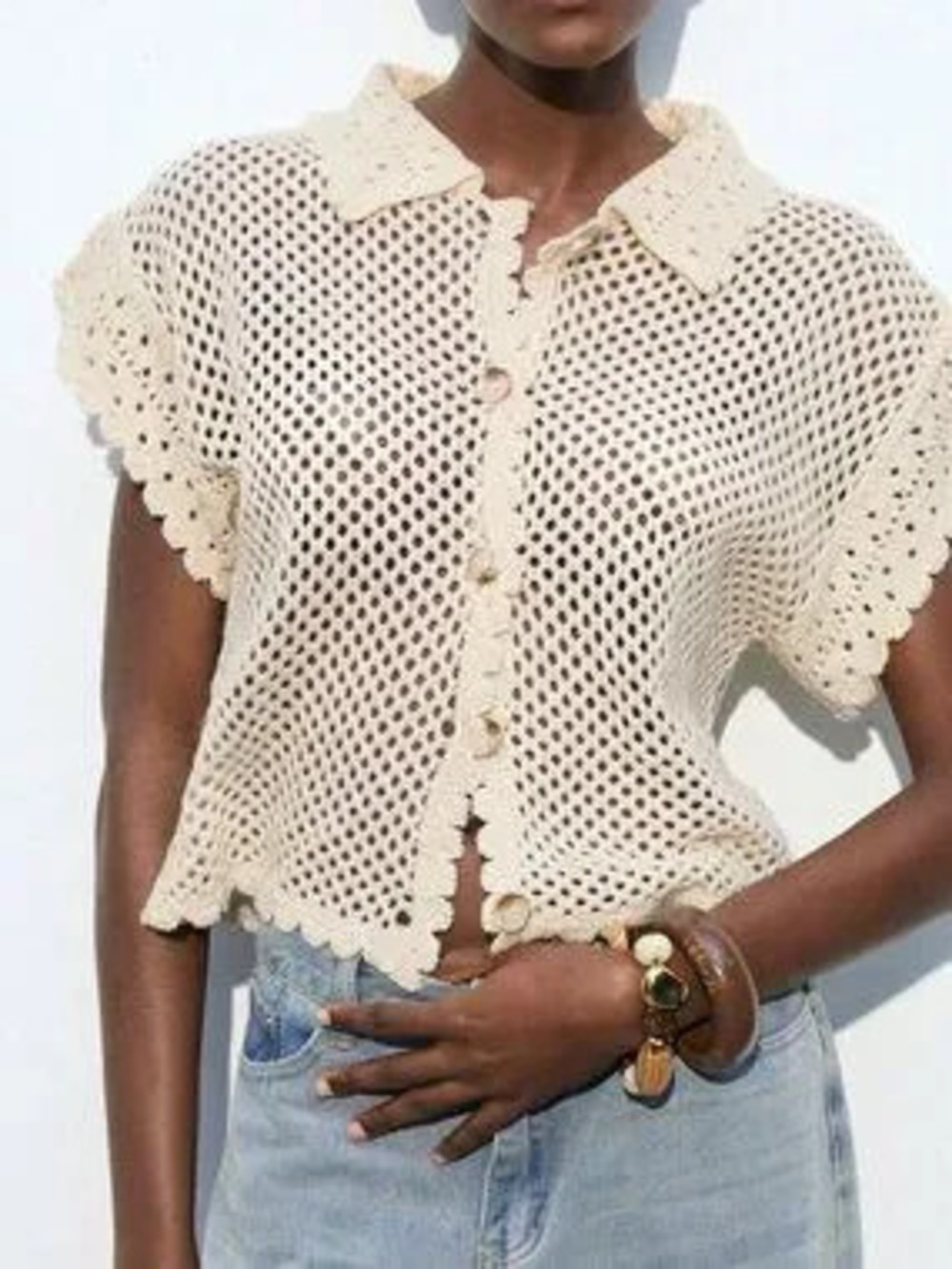 Apricot Casual Women's Bat Wing Short Sleeve Single-Breasted Hollow Cardigan